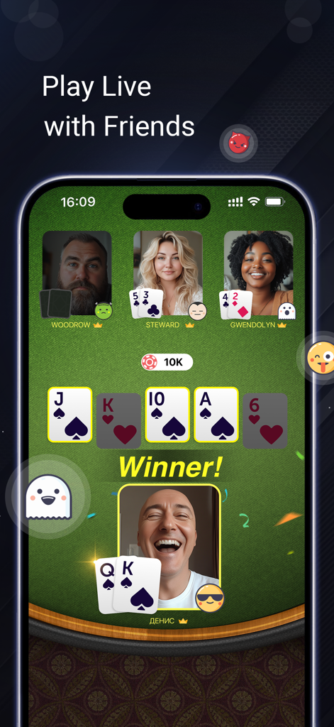 PokerUp: Social Poker - Vista móvel do app PokerUp mostrando quatro amigos jogando uma partida de poker ao vivo com emojis sociais