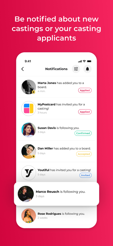 Interface of the Model Now app displaying notifications for casting invitations, new followers, and recruitment status updates.
