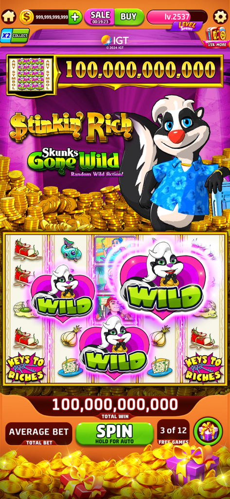 Jugabilidad de la máquina tragaperras Stinkin Rich Skunks Gone Wild en Jackpot Crush Casino Slots