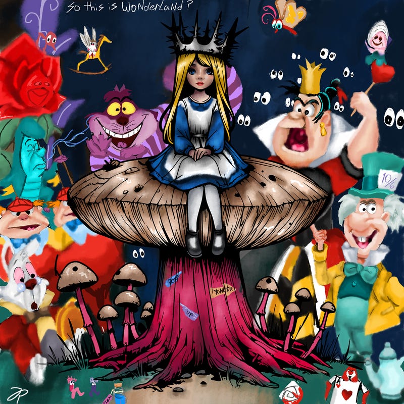 realistic girl sitting on a huge tree stump size toadstool with thorn crown