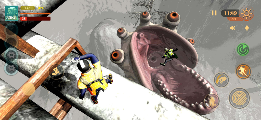 MIMESIS: Deceive or Die - Gameplay-Screenshot, der einen Spieler zeigt, der in den Schlund einer riesigen, vieläugigen Kreatur im Horrorspiel Mimesis Deceive or Die fällt.