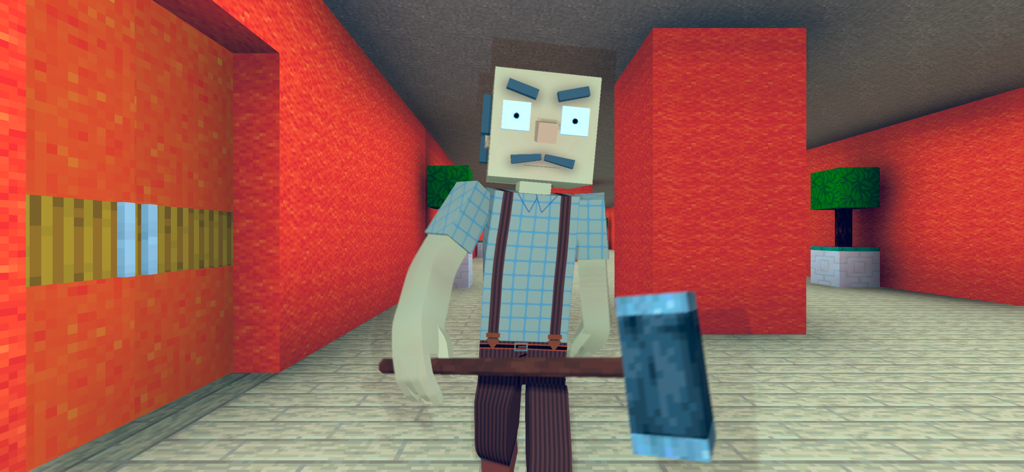 Grandpa & Granny School Escape - Blocky Grandpa character holding a hammer in a red school corridor