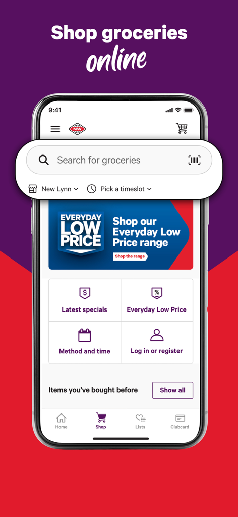 New World NZ - The New World NZ mobile app home screen featuring grocery search, daily deals, and shopping list options.