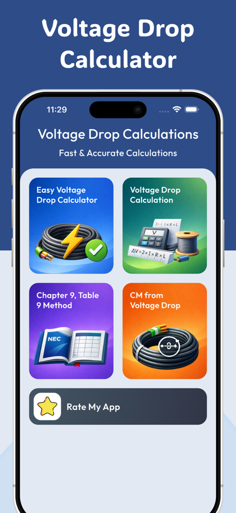 Voltage Drop Calculators - Main menu of the Voltage Drop Calculators app displaying various electrical calculation tools.
