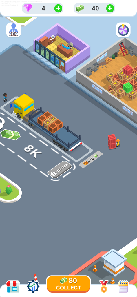 A screenshot of Truck Depot showing a worker loading boxes onto a yellow truck near a warehouse