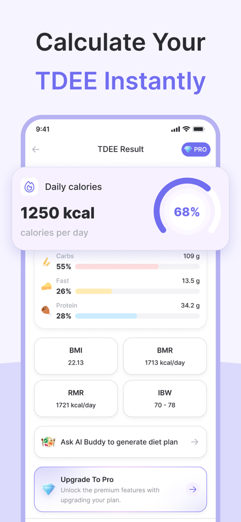 Pantalla de resultados de cálculo TDEE que muestra calorías y macros diarios