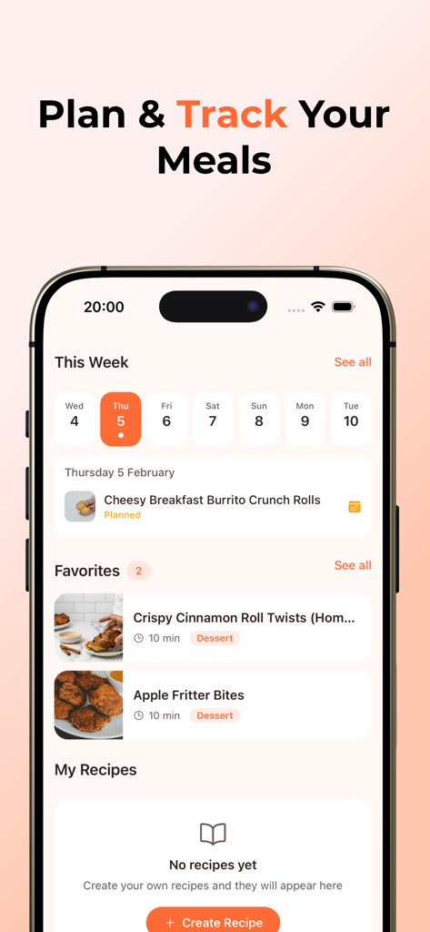 AirFryMeals: Air Fryer Recipes - 주간 캘린더와 즐겨찾는 레시피를 보여주는 에어프라이어 식사 계획 및 추적 인터페이스