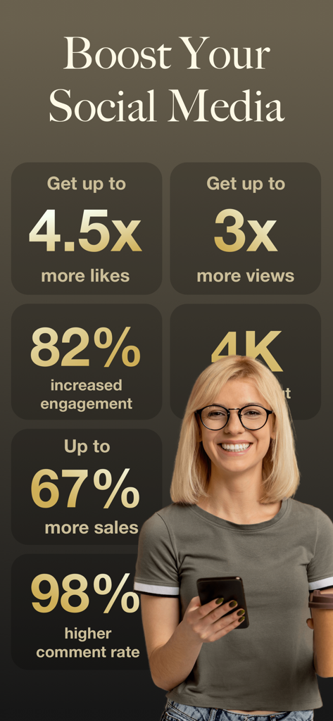 여성이 스마트폰을 들고 있는 가운데 소셜 미디어 참여 조회수 및 판매 증가 통계를 보여주는 Shox 앱 마케팅 그래픽