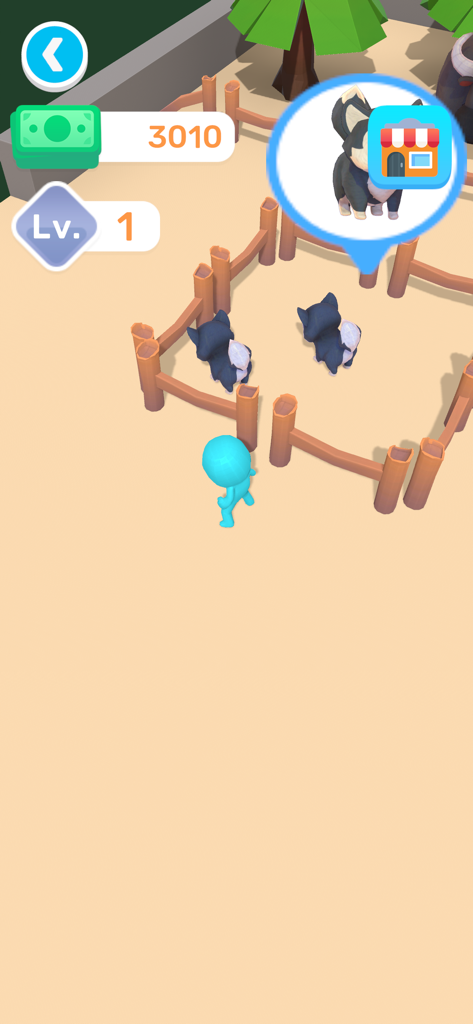 Un personnage bleu gère un enclos pour animaux avec deux petits chiots dans le jeu mobile Cuttie Pet Shop
