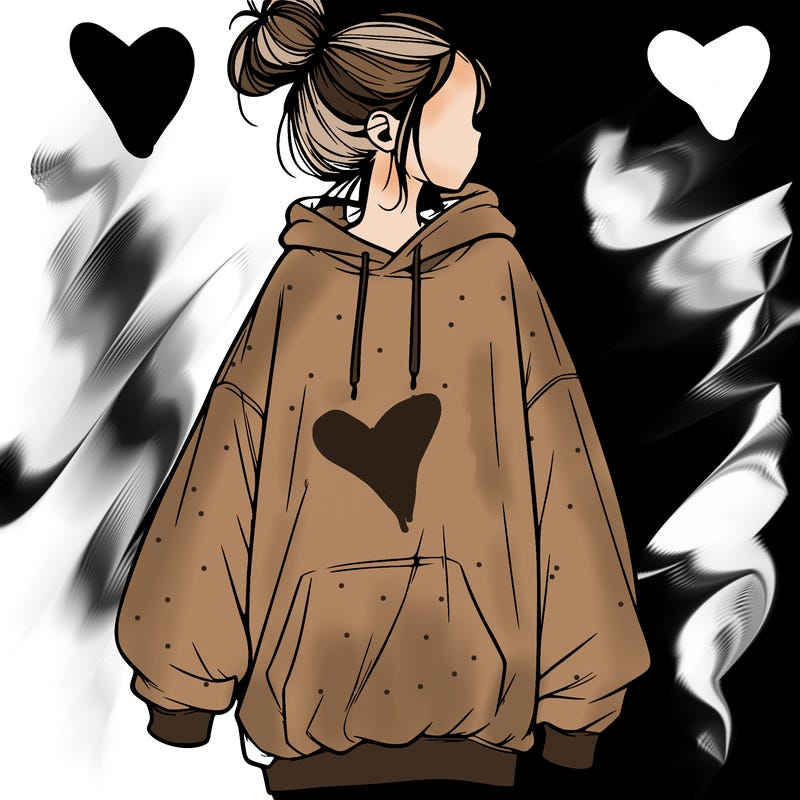 realistic girl with a oversized sweatshirt on and a bun
