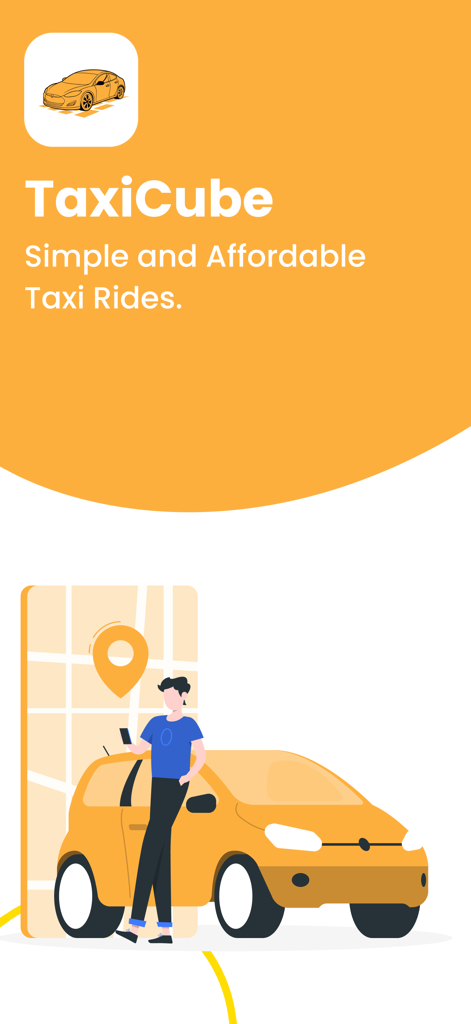 TaxiCube Driver app splash screen featuring a driver next to a yellow taxi and the brand slogan