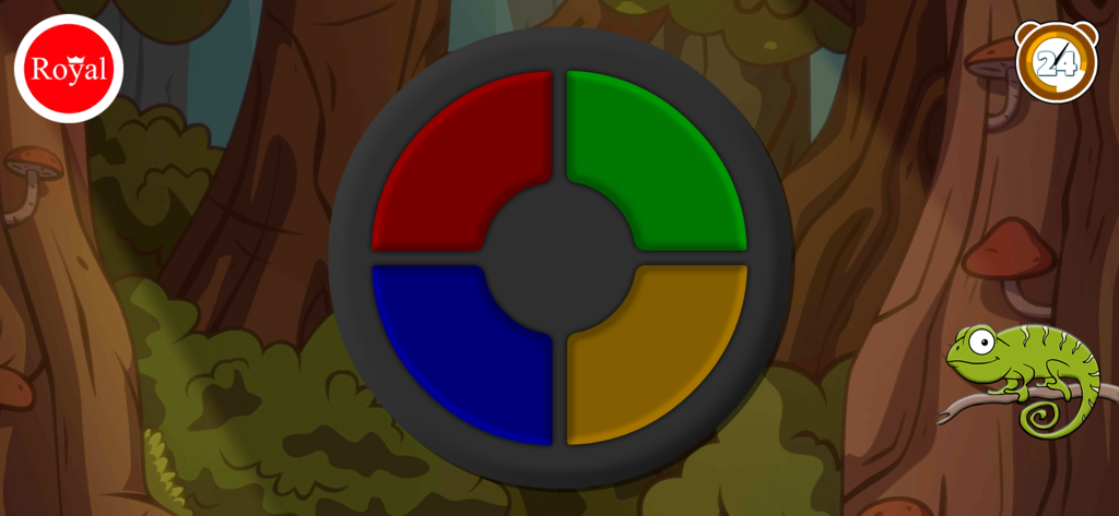 A four colored circular mini game interface from the Camaleon App featuring a chameleon in a forest background.