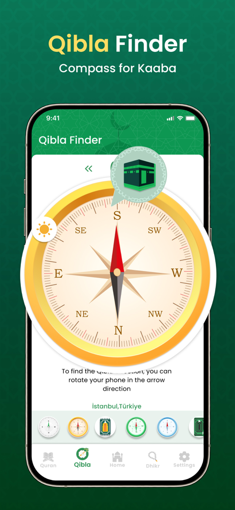 Muslim App Qibla Finder feature showing a golden compass for Kaaba direction on a smartphone
