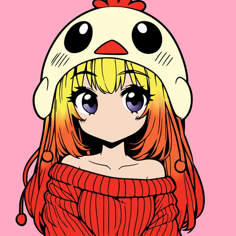 anime girl with chick shaped hat with sweater with bare shoulders with bangs covering them one eye with low tail
