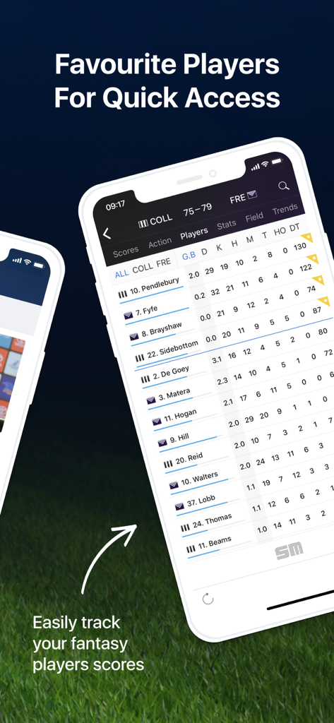 Footy Live: AFL Scores & Stats - Aplicación Footy Live que muestra estadísticas de jugadores de la AFL y puntuaciones de Dreamteam de fantasía para los jugadores favoritos.