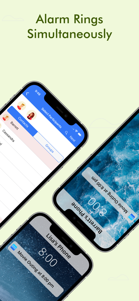 Galarm - Alarms and Reminders - Three smartphones showing the Galarm app feature where an alarm for a movie outing rings simultaneously on multiple devices
