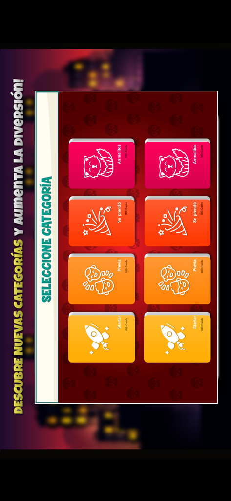 A menu displaying various game categories like Starter and Animalitos in the Cultura Chupistica Fiesta 2 app.