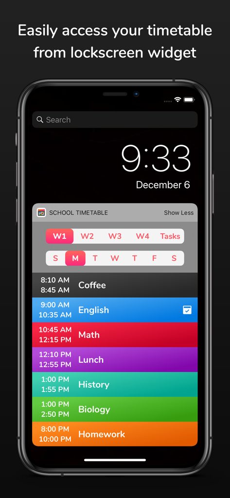 iPhone lockscreen displaying a color-coded daily class schedule widget.
