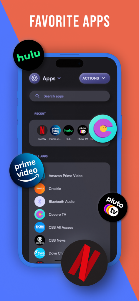 Interface of the Viz Smart TV remote app showing a list of favorite streaming applications like Netflix and Hulu