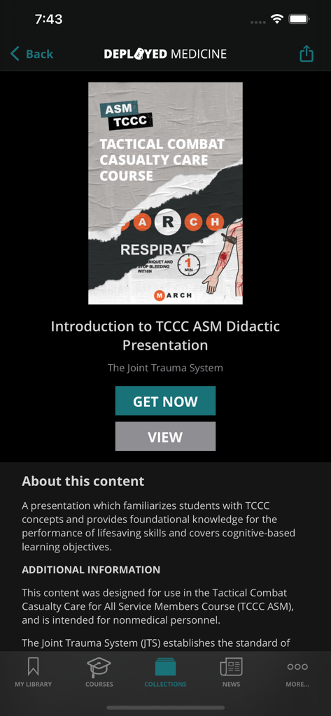 A course description page for Tactical Combat Casualty Care on the Deployed Medicine app.