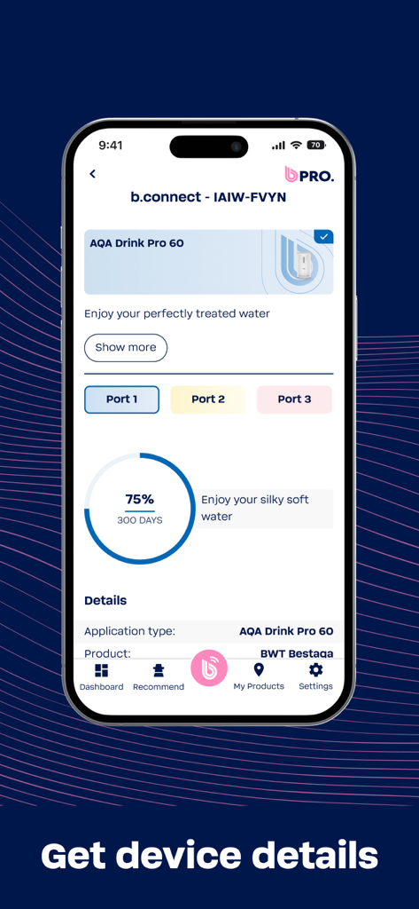 Painel do aplicativo BWT Best Water Professional mostrando o status do filtro de água e a vida útil de substituição para AQA Drink Pro 60.