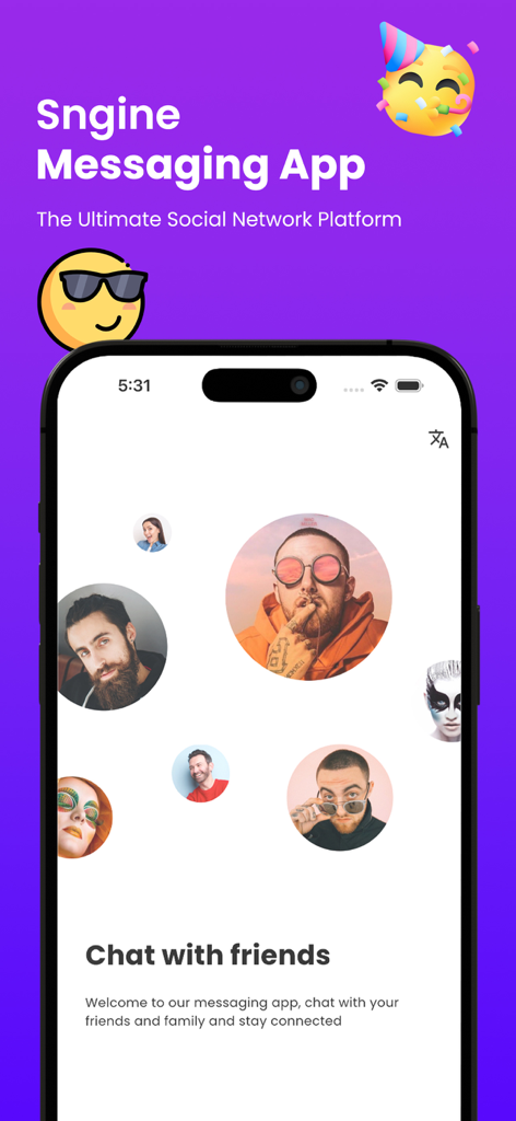Sngine Messaging - Sngine Messaging app welcome screen featuring circular user profile pictures and a prompt to chat with friends.