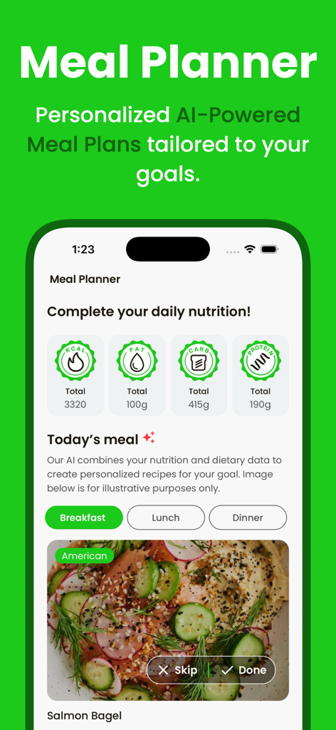 Yummify: AI Meal Plan, Recipes - Yummify app interface showing a personalized AI meal planner with daily nutrition tracking for calories and macros