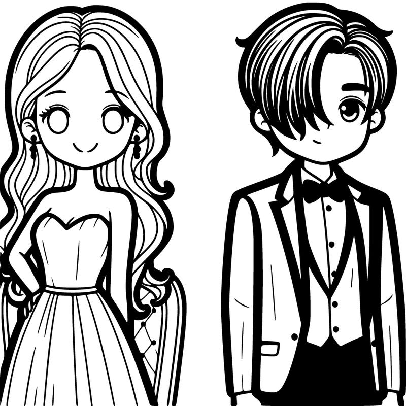 a couple with a women in a dress and a man with hair in front of his eye in a tuxedo