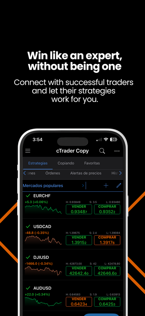 Inex cTrader: Forex & Trading - Inex cTrader mobile app interface showing the copy trading feature and popular currency market pairs.