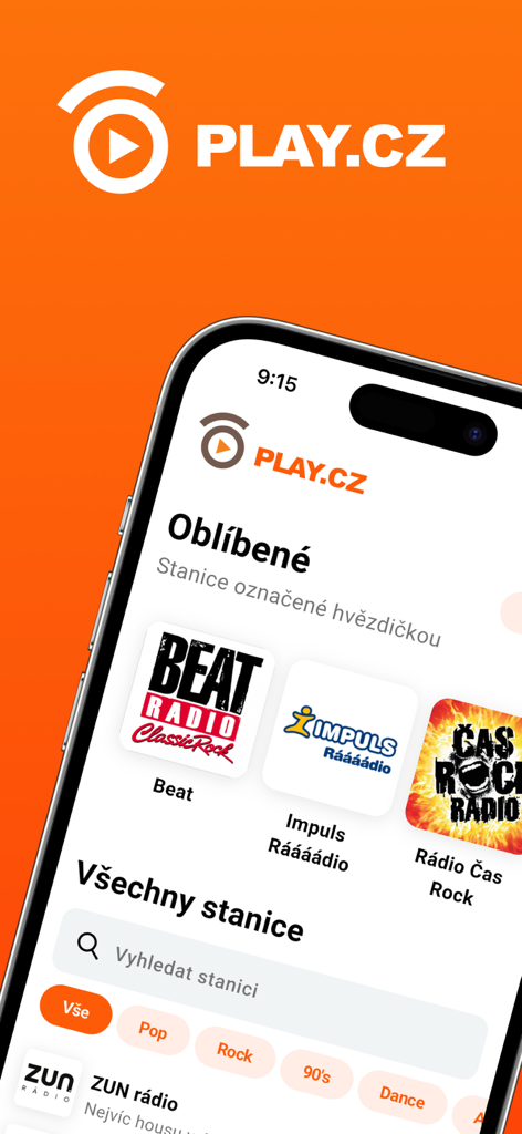 PLAY.CZ mobile app interface on an iPhone showing a list of Czech radio stations and genre filters