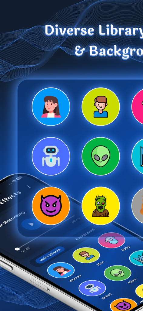 Interface of Voice Changer app showing a library of voice effect icons like robot, alien, and zombie