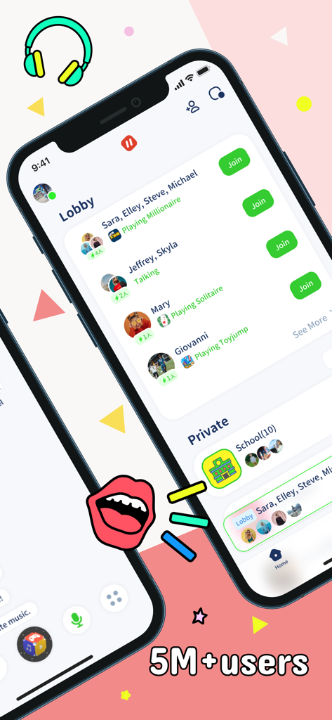 Parallel: Your Hangout Place - Interface do aplicativo Parallel mostrando a sala social onde os usuários entram em salas de jogos e esquadrões privados.