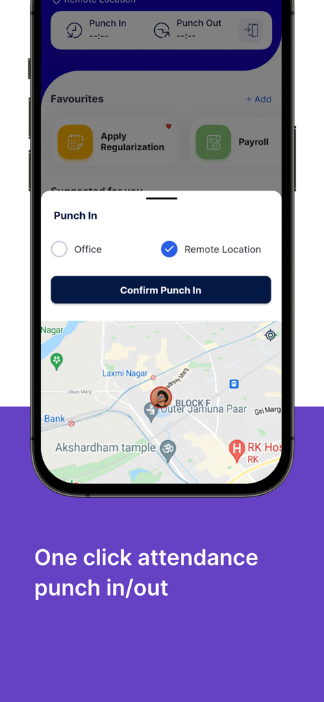 PeopleStrong app screen showing one click attendance punch in with remote location map