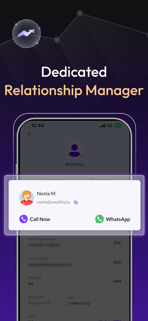 Wealthy Partner - MFDs & IFAs - Wealthy Partner app interface showing a dedicated relationship manager profile with call and WhatsApp contact options