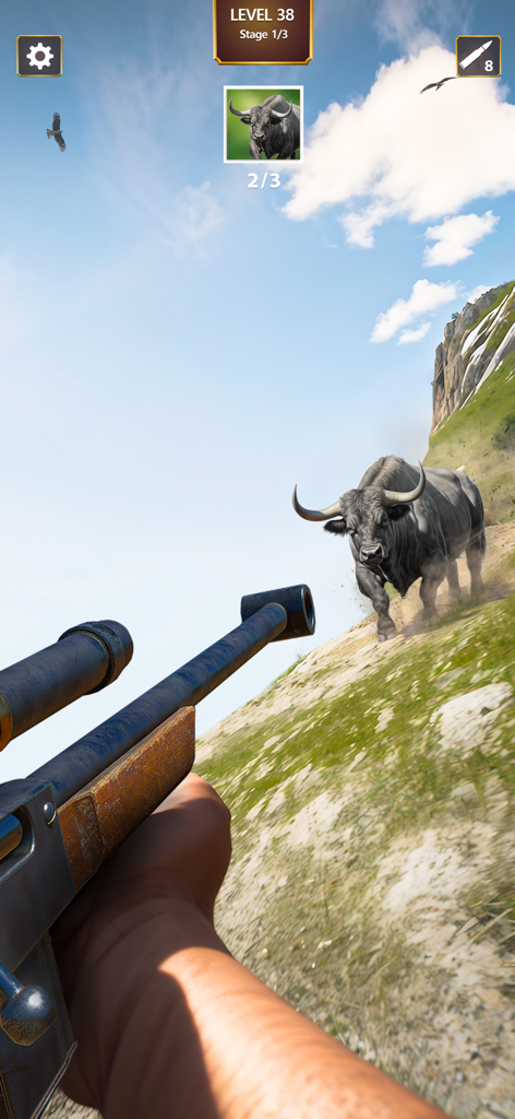 Die Ego-Perspektive eines Jägers, der ein Scharfschützengewehr auf einen angreifenden Bullen auf einem Feld richtet