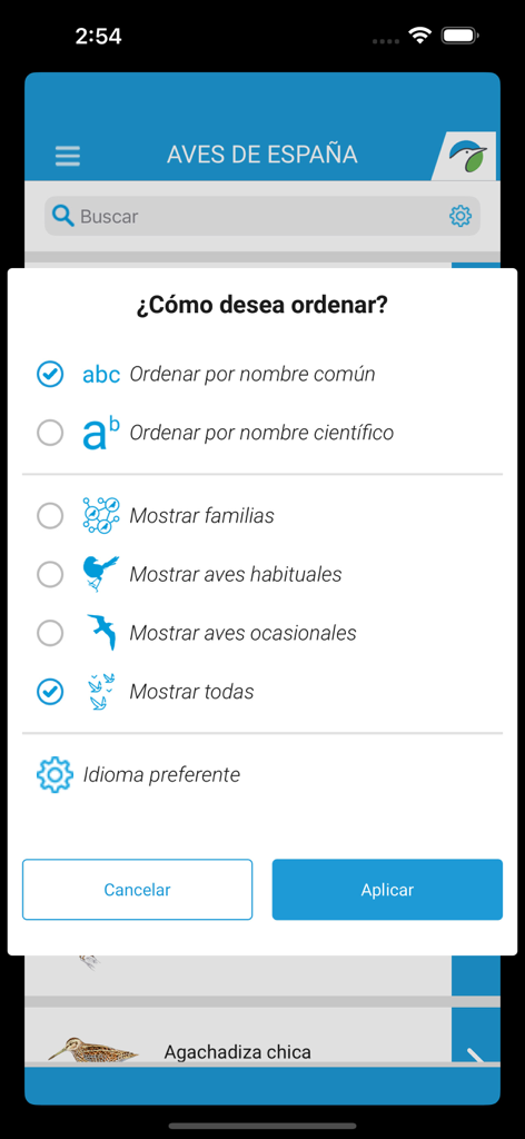 Menú de ordenación y filtrado en la aplicación Las Aves de España mostrando opciones de nombres comunes y científicos de aves