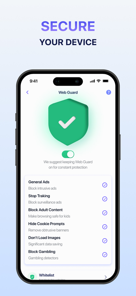 Clean Up Phone Storage Tool app showing Web Guard security features to block ads and tracking on iPhone.