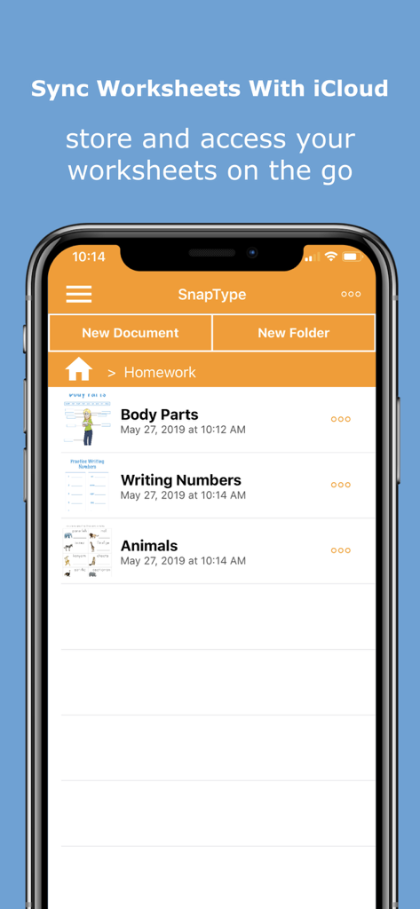 SnapType Pro interface showing a list of school worksheets synced with iCloud.