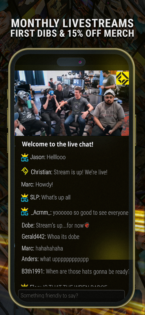 Corridor Digital - A smartphone displaying a live stream from the Corridor Crew with an active member chat and promotional text for monthly live events.