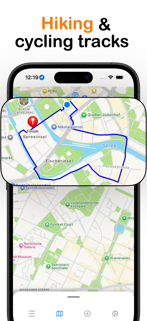 GPX viewer - map - Pantalla de smartphone que muestra una ruta azul en un mapa de la ciudad dentro de la aplicación GPX viewer