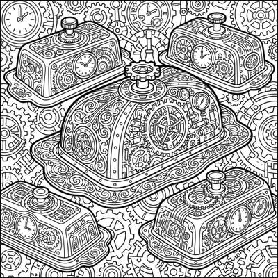 Explore a unique blend of culinary and mechanical artistry with these captivating steampunk butter dishes. This intricate coloring page invites you to bring gears, clocks, and Victorian-inspired details to life.