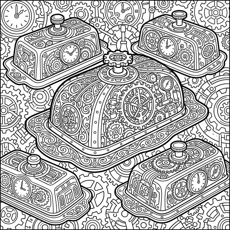 Explore a unique blend of culinary and mechanical artistry with these captivating steampunk butter dishes. This intricate coloring page invites you to bring gears, clocks, and Victorian-inspired details to life.