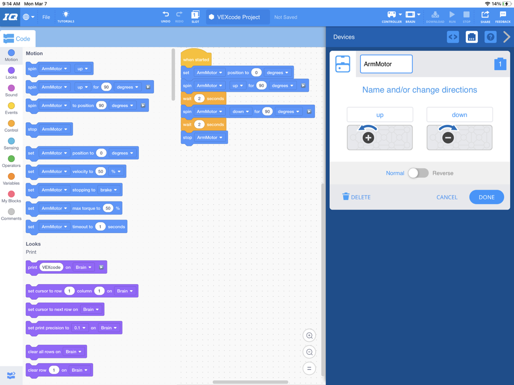 VEXcode IQ - VEXcode IQ block-based coding and motor configuration interface on iPad