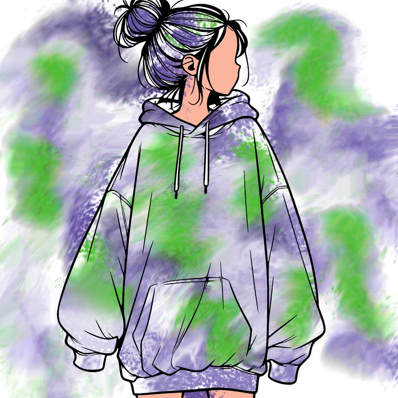 realistic girl with a oversized sweatshirt on and a bun