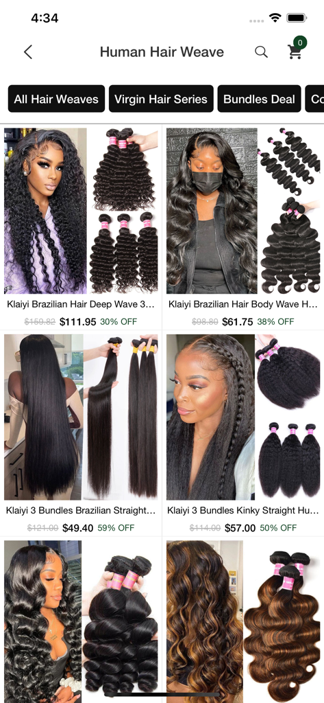 Klaiyi - Klaiyi mobile app screen displaying various human hair weave bundles and discounted prices