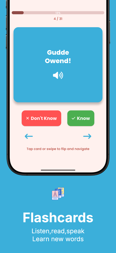 Learn Luxembourgish Beginner - Digitale Lernkarten in der App Learn Luxembourgish Beginner mit der Begrüßung Gudde Owend.