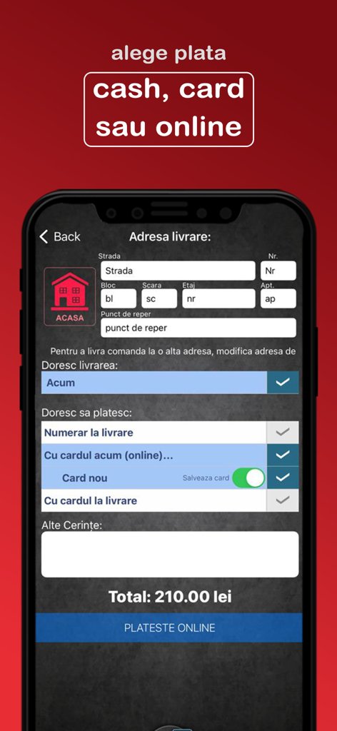 Craft Delivery - Pantalla de pago de la aplicación Craft Delivery mostrando la dirección de entrega y los métodos de pago