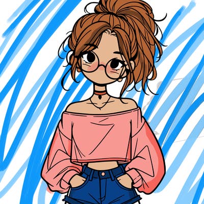 girl with a messy ponytail glasses a baggy crop top and jean shorts