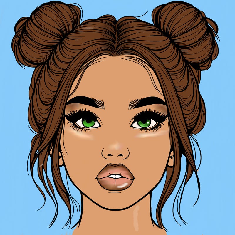 realistic girl with two buns on her hair and lips
