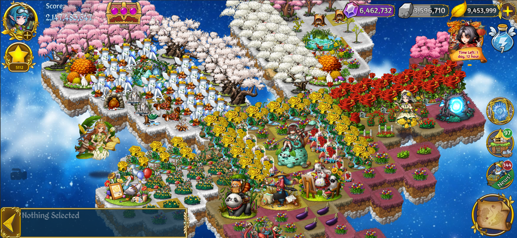 A vibrant floating island filled with flowers and magical creatures in Dragon and Elfs game